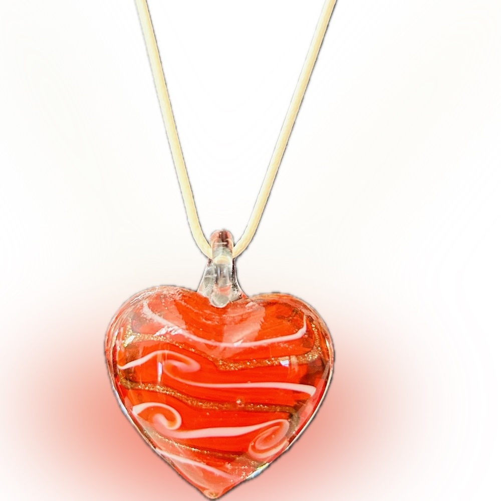 Transparent Glass Art White & Gold Swirls Orange Heart Fashion Pendant Necklace